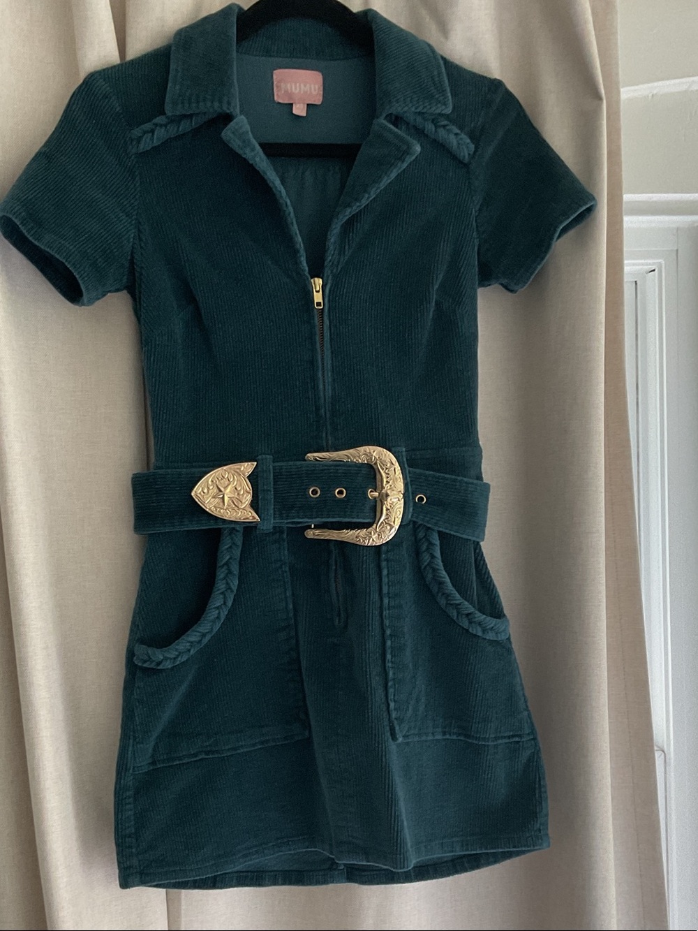 Mumu Kids Dark Green Corduroy Dress with Gold Buckle Belt